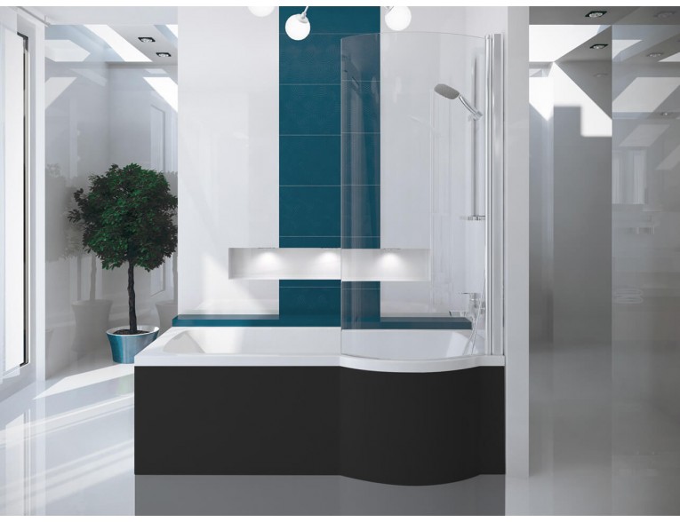 Акрилова ванна з душовою шторкою Besco Inspiro 150x70 R, асиметрична + чорна панель (WAI-150-NPR-BL)