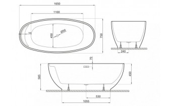 Окремостояча ванна Polimat KIVI 165x75, сіра + ніжки (00475)