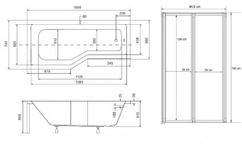 Акрилова ванна з душовою шторкою Besco Integra 150x75 L, асиметрична (WAI-150-PL2)