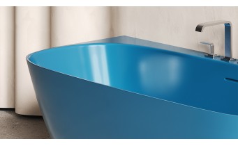 Окремостояча пристінна ванна з штучного каменю Water Stone Dea Wall / Діа Волл 163x82x59 см, Синя глянцева, суцільнолита, клапан клік-клак колір ванни