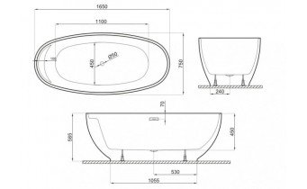 Окремостояча ванна Polimat KIVI 165x75, сіра + ніжки (00475)