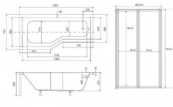 Акрилова ванна з душовою шторкою Besco Integra 150x75 L, асиметрична (WAI-150-PL2)