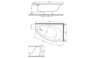 Акрилова ванна Kolo Elipso 160x100 R, асиметрична + ніжки (XWA0660000)