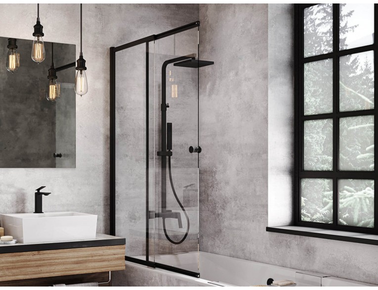 Душова шторка на ванну Besco Easy Slide Black 100x150 см, на 2 секції, прозоре скло, профіль чорний матовий (PESB-2S)