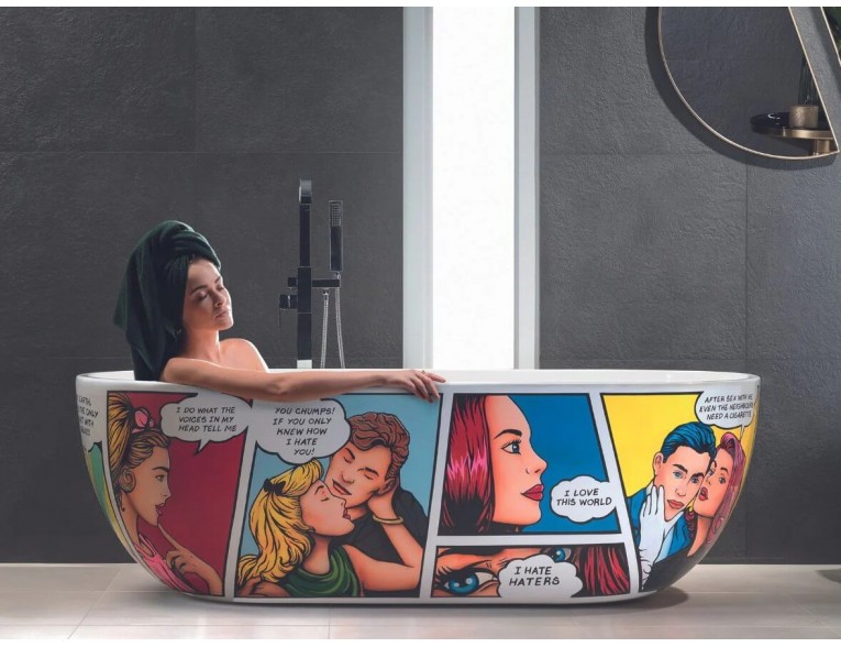 Вільностояча овальна ванна з Ручним розписом Space Komiks / Спейс комікс 180 x 80 x 57 см, можлива ванна в кольорі RAL