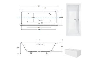 Ванна акрилова Besco Quadro 190x90, пряма + чорна панель (WAQ-190-PK-BL)