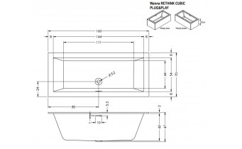 Акрилова ванна Riho Rethink Cubic Plug & Play 160x70 L, пряма з сифоном click / clack + ніжки (BD88005)