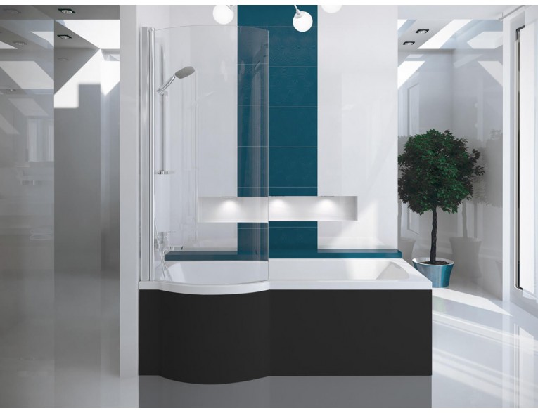Акрилова ванна з душовою шторкою Besco Inspiro 150x70 L, асиметрична + чорна панель (WAI-150-NLE-BL)