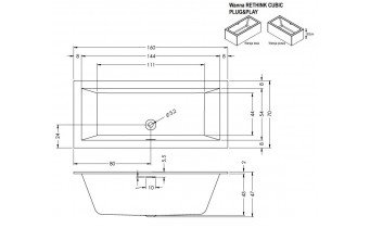 Акрилова ванна Riho Rethink Cubic Plug & Play 160x70 L, пряма з сифоном click / clack + ніжки (BD88005)