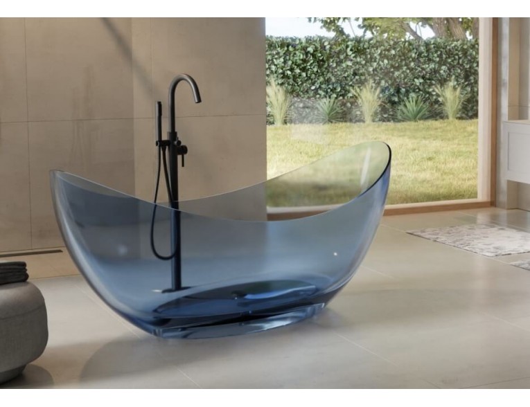 Ванна овальна окремостояча з матеріалу ResiCast Besco Axya Blue Wave 180x80x75 см, + сифон Chrome, Синя, прозора ванна (WAA-180-BWC)