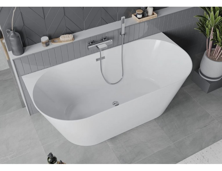 Вільностояча пристінна акрилова слім ванна Oval Slim / Овал Слім 170x80x58 см, біла глянцева, суцільнолита із заокругленими кутами, накладки злив перелив хром, бортик 12 мм, + klick - klack