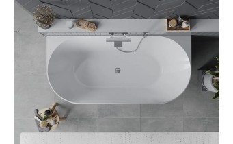 Вільностояча пристінна акрилова слім ванна Oval Slim / Овал Слім 170x80x58 см, біла глянцева, суцільнолита із заокругленими кутами, накладки злив перелив хром, бортик 12 мм, + klick - klack