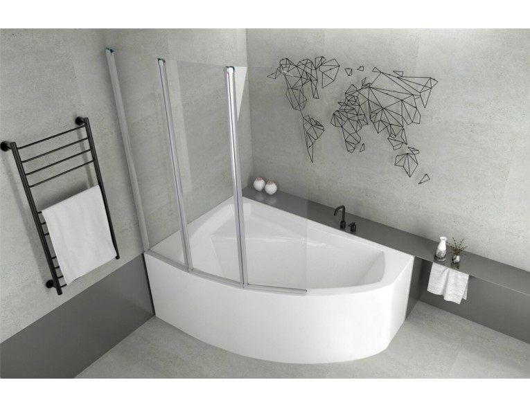 Ванна акрилова Besco Rima 130x85 L, Лівостороння, асиметрична + панель + трьохсекційна душова шторка на ванну