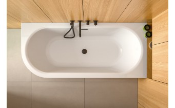 Пристінна кутова акрилова ванна Avita A-Line / Авіта А-Лайн 160x75x58.5 см, R (Правостороння) біла глянцева, суцільнолита із заокругленим кутом, + Сифон з чорним переливом