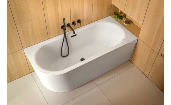 Пристінна кутова акрилова ванна Avita A-Line / Авіта А-Лайн 160x75x58.5 см, R (Правостороння) біла глянцева, суцільнолита із заокругленим кутом, + Сифон з чорним переливом