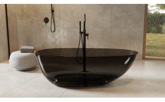 Ванна овальна окремостояча з матеріалу ResiCast Besco Xara Carbon Grey 160x75x55 см, біла решітка, Прозора ванна, сірий карбон (WAX-160-CGW)