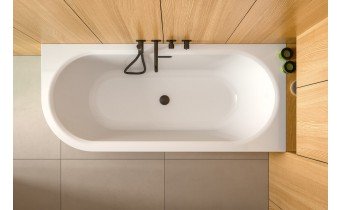 Пристінна кутова акрилова ванна Avita A-Line / Авіта А-Лайн 160x75x58.5 см, R (Правостороння) біла глянцева, суцільнолита із заокругленим кутом, + Сифон з чорним переливом