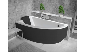 Ванна акрилова Besco Praktika 140x70 L, асиметрична + чорна панель + чорний підголівник (WAP-140-NL-BL-P)