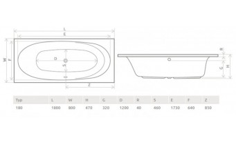 Ванна Radaway Dia 180x80 +ніжки (WA1-05-180x080U)
