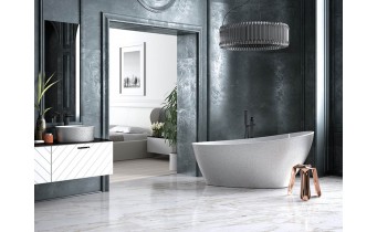 Окремостояча кам'яна ванна Besco Keya Glam 165x70, срібна з сифоном click / clack (WMD-165-KS)