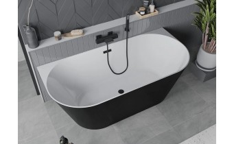 Вільностояча пристінна акрилова слім ванна Oval Slim / Овал Слім 170x80x58 см, біла + чорна глянцева, суцільнолита із заокругленими кутами, накладки злив перелив чорні, бортик 12 мм, + klick - klack