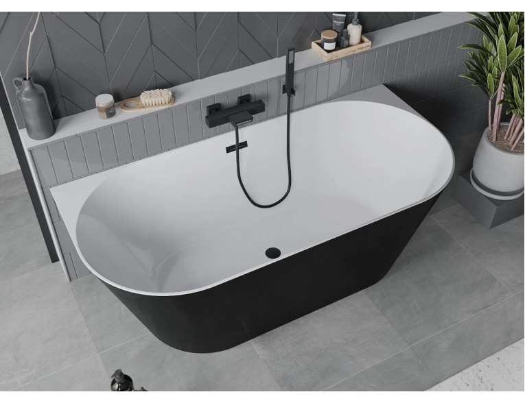 Вільностояча пристінна акрилова слім ванна Oval Slim / Овал Слім 170x80x58 см, біла + чорна глянцева, суцільнолита із заокругленими кутами, накладки злив перелив чорні, бортик 12 мм, + klick - klack