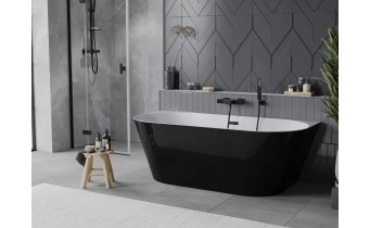 Вільностояча пристінна акрилова слім ванна Oval Slim / Овал Слім 170x80x58 см, біла + чорна глянцева, суцільнолита із заокругленими кутами, накладки злив перелив чорні, бортик 12 мм, + klick - klack