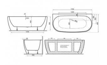 Окремостояча пристінна ванна з акрилу Polimat RISA 170x80 см, чорна матова + ніжки (00443)