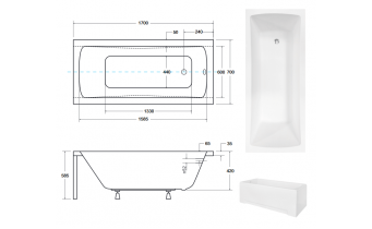 Ванна акрилова з ручками Besco Optima Premium 170x70 см, пряма + дві металеві ручки Standard, хром + ортопедичний підголівник (WAO-170-PKP)