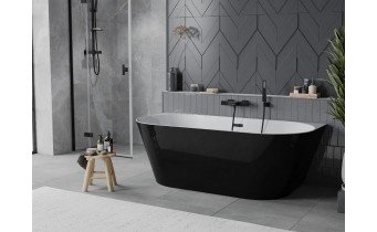 Вільностояча пристінна акрилова слім ванна Oval Slim / Овал Слім 170x80x58 см, біла + чорна глянцева, суцільнолита із заокругленими кутами, накладки злив перелив чорні, бортик 12 мм, + klick - klack