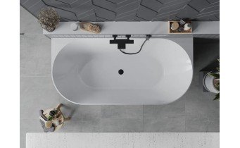 Вільностояча пристінна акрилова слім ванна Oval Slim / Овал Слім 170x80x58 см, біла + чорна глянцева, суцільнолита із заокругленими кутами, накладки злив перелив чорні, бортик 12 мм, + klick - klack