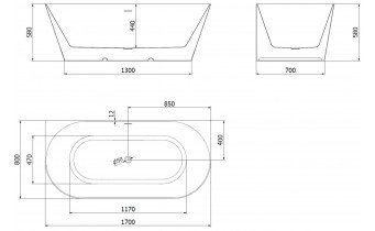 Вільностояча пристінна акрилова слім ванна Oval Slim / Овал Слім 170x80x58 см, біла + чорна глянцева, суцільнолита із заокругленими кутами, накладки злив перелив чорні, бортик 12 мм, + klick - klack