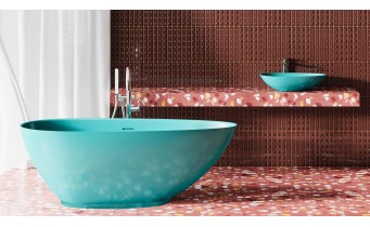 Окремостояча овальна ванна з штучного каменю Water Stone Onda / Онда, 160x77x54 см, Бірюзовий глянцевий, суцільнолита, клапан клік-клак колір ванни