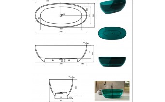 Ванна овальна окремостояча з матеріалу ResiCast Besco Mexa Blue Wave 170x78x55 см, біла решітка, Синя хвиля, прозора ванна (WAM-170-BWW)