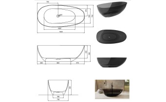 Ванна овальна окремостояча з матеріалу ResiCast Besco Xara Earth Rust 160x75x55 см, + сифон Black Matt, Охра, коричнево-червона, прозора ванна (WAX-160-ERB)