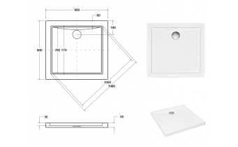 Душовий піддон акриловий низький, квадратний Besco Aquarius SlimLine 90x90 см (BAA-90-K)