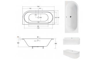 Ванна акрилова Besco Avita Slim 150x75 L, асиметрична, торець бортика 15 мм (WAV-150-NLS)