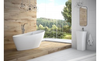 Ванна окремостояча камяна Besco Keya 165x70, біла, глянцева, Мінеральне лиття Mineral DuraBe, сифон Chrome (WMD-165-K)