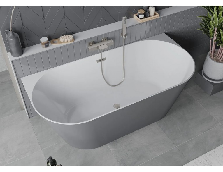 Вільностояча пристінна акрилова слім ванна Oval Slim / Овал Слім 170x80x58 см, біла + сіра глянцева, суцільнолита із заокругленими кутами, накладки злив перелив Нікель, бортик 12 мм, + klick - klack