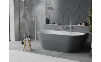 Вільностояча пристінна акрилова слім ванна Oval Slim / Овал Слім 170x80x58 см, біла + сіра глянцева, суцільнолита із заокругленими кутами, накладки злив перелив Нікель, бортик 12 мм, + klick - klack