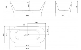 Вільностояча пристінна акрилова слім ванна Oval Slim / Овал Слім 170x80x58 см, біла + сіра глянцева, суцільнолита із заокругленими кутами, накладки злив перелив Нікель, бортик 12 мм, + klick - klack