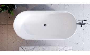 Окремостояча ванна з каменю, штучного Besco Lova / Лова 160x74x57,5 см, біла глянцева + сифон хром