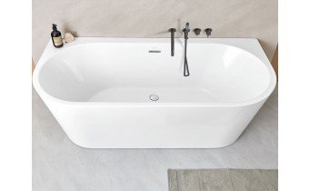 Пристінна акрилова ванна Sanycces Torino Muro 170x80x57 см, біла глянцева, суцільнолита із заокругленими кутами, накладки злив перелив хром