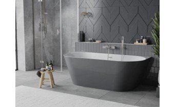 Вільностояча пристінна акрилова слім ванна Oval Slim / Овал Слім 170x80x58 см, біла + сіра глянцева, суцільнолита із заокругленими кутами, накладки злив перелив Нікель, бортик 12 мм, + klick - klack