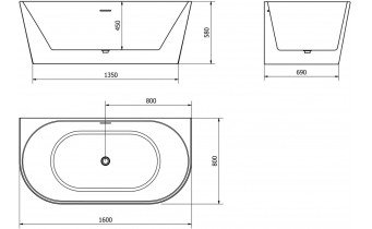Пристінна окремостояча акрилова ванна Oval / Овал 160x80x58 см, біла глянцева, суцільнолита із заокругленими кутами
