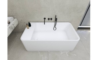 Окремостояча ванна з мармуру, каменю Dremex Glow 160x73x59,5 см, Gelcoat, білий матовий + сифон + лита полиця під аксесуари для ванни