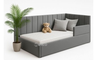 Дитяче - підліткове ліжко з мякою спинкою Perluna NEW 90×200 з матрацом і підйомним механізмом та захисним бортиком