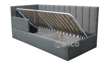 Дитяче - підліткове ліжко з мякою спинкою Perluna NEW 90×200 з матрацом і підйомним механізмом та захисним бортиком