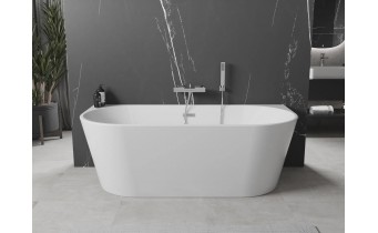 Вільностояча пристінна акрилова ванна Oval / Овал 150x75x58 см, біла глянцева, суцільнолита із заокругленими кутами, накладки злив перелив хром, + klick - klack