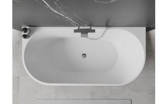 Вільностояча пристінна акрилова ванна Oval / Овал 150x75x58 см, біла глянцева, суцільнолита із заокругленими кутами, накладки злив перелив хром, + klick - klack